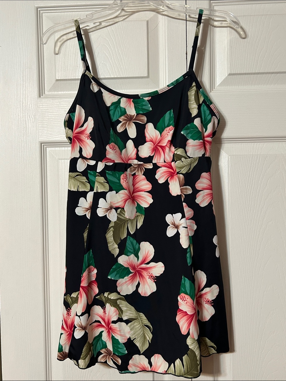 Gabar sz 14 - Black Floral Hibiscus Print Spaghetti Strap Swim Dress, Padded Cup